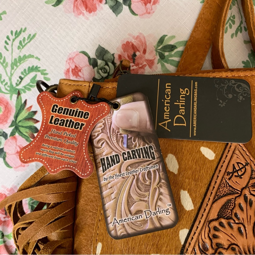 🌟Price Drop🌟❤️American Darling Tan Leather & Tooling Fringed Shoulder Bag - Picture 11 of 14